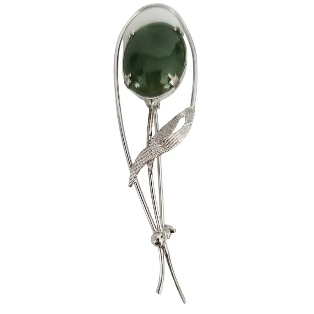 Sterling Silver Jade Flower Leaf Open Brooch Pin, M302